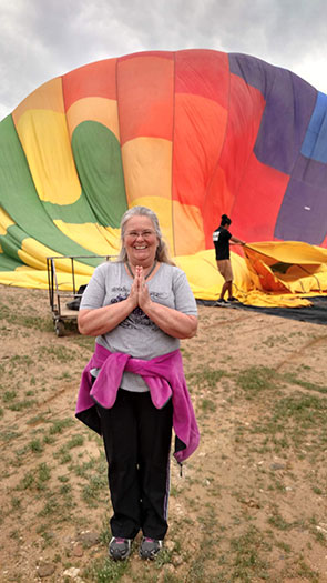Kathy ready to ride in the hot air balloon