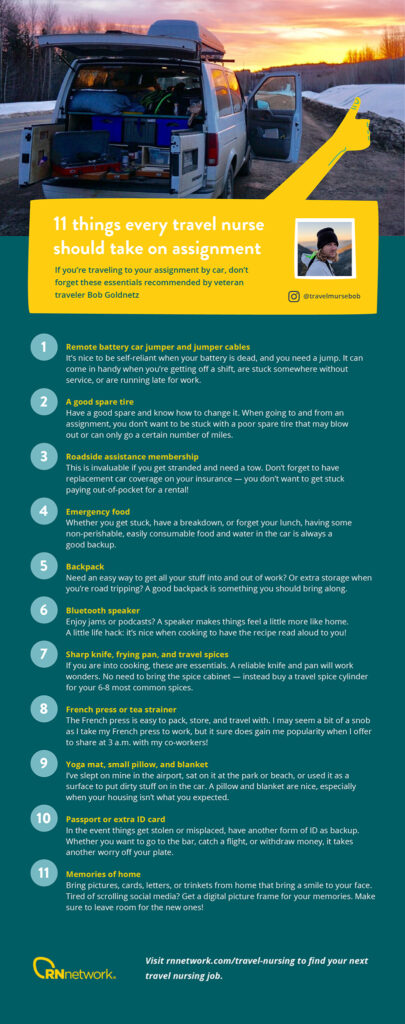 Infographic explaining 11 things every travel nurse should take on assignment. 