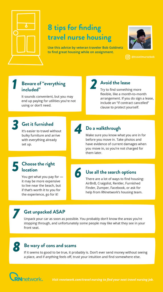 Infographic of 8 tips for finding travel nurse housing. 