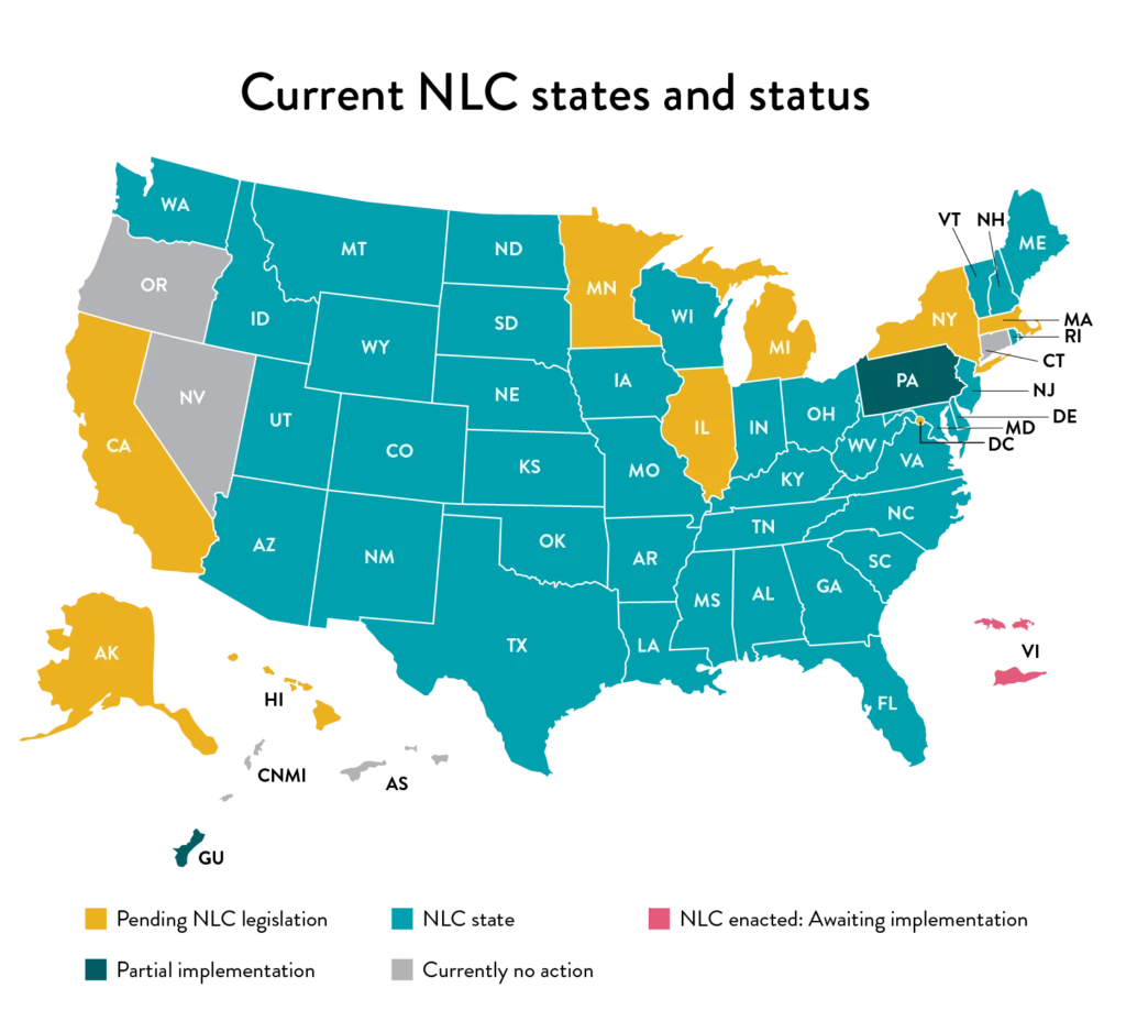 Map of the US with status of states that are part of the NLC