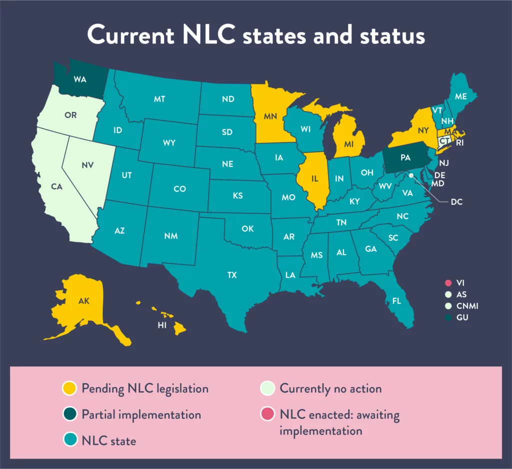 Map of US states that are members of the nurse licensure compact