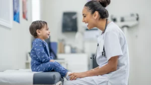 picture of a nurse speaking to a child
